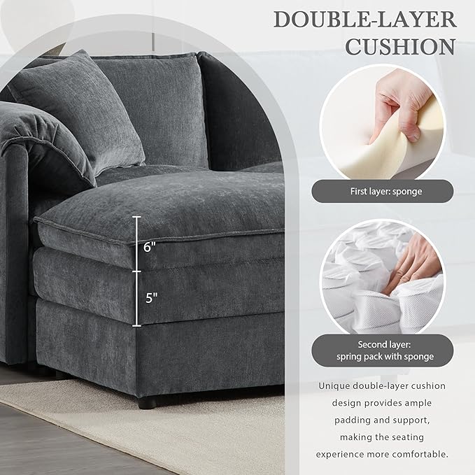 136 Chenille U-Shaped Modular Sectional Sofa with Deep and Wide SeatCloud Couch Set with Double Cushions6 Seat Sofa with Movable Ottomanfor Living Room Apartment Office (Dark Gray#h)