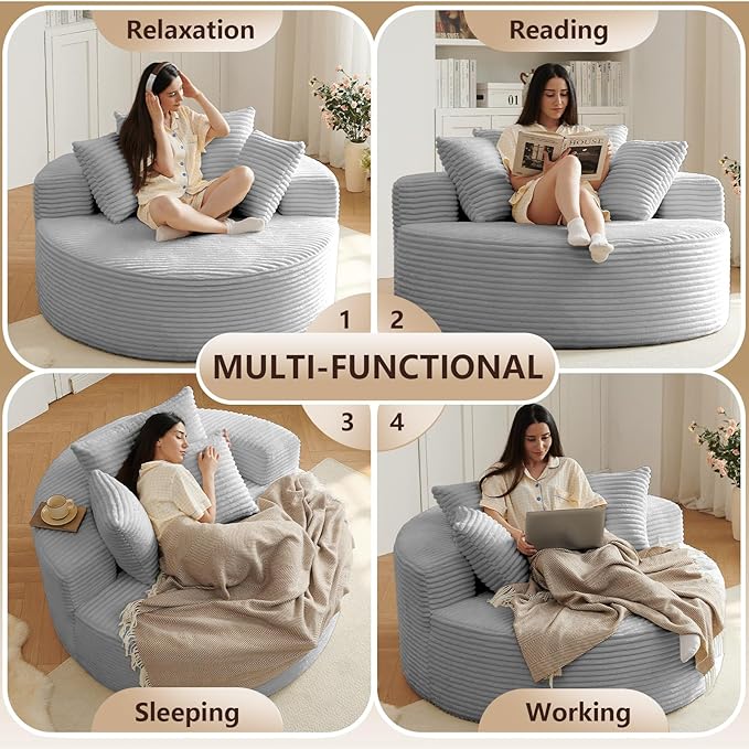 Oversized Round Chair Lounge Chaise Indoor Upholstered Corduroy Deep Seat Cloud Large Circle Sofa Chair No Assembly Required Fluffy Modern Sleeper Sofa Bed for Reading Living Room Light gray