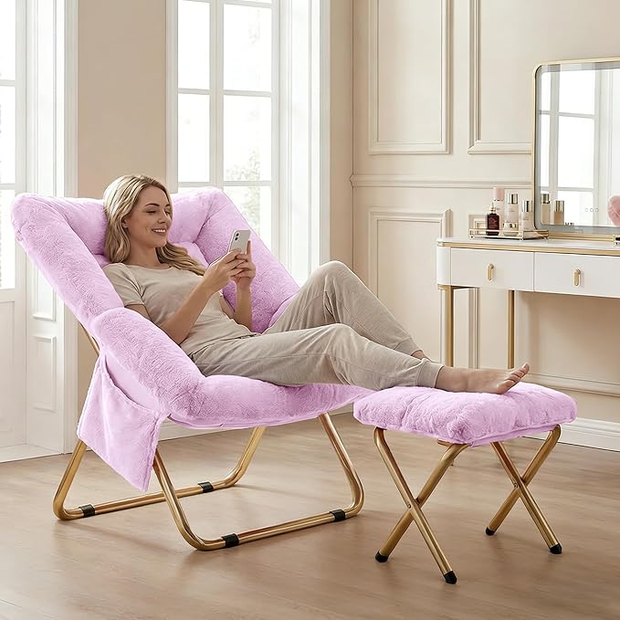 Comfy Saucer Chair for Adults Foldable Living Room Chairs Soft Faux Fur Lounge Chair for Bedroom Reading Chairs X-Large (Ottoman-Lavender)