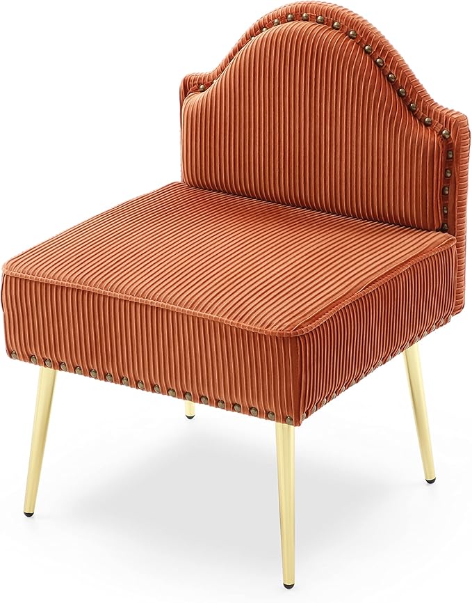 Modern Upholstered Pleated Velvet Accent Chair Tufted Dining Office Chairs Armless Slipper Chair Mid-Century Side Chair Single Luxury Sofa Chair with Golden Legs for Living Room Small SpaceOrange