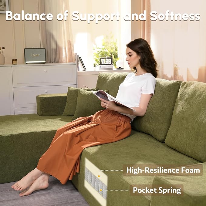 106 Cloud Sectional Couches for Living RoomL Shaped Boneless Couch with Comfy ChaiseModular Sofa with Deep Seat No Assembly RequiredGreen