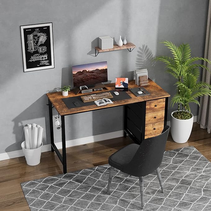 DLisiting 47 Inch Computer Office Desk - Home Office Desk with Storage Fabric Drawers Simple PC Writing Work Desks for Bedroom Boys Girls Teens Childrens Rustic Brown