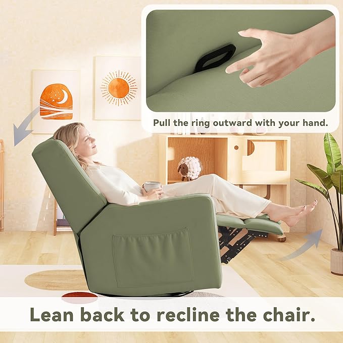 Tbfit 360° Swivel Recliner ChairNursery Rocking Chair with Lumbar Support for Bedroom Comfy Upholstered Armchair with Pillows &amp Footrest for Living Room (Hidden Ring Handle Green)