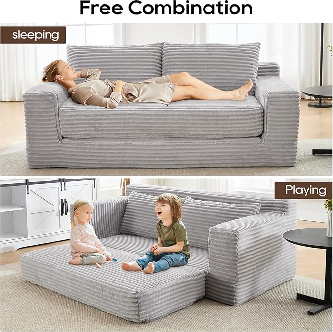 70.87 W Memory Foam Cloud Loveseat Sofa 2 in 1 Convertible Folding Couch Bed No Assembly Compressed Corduroy Floor Lounge Sofa for Apartment Office Bedroom Living Room Small Spaces
