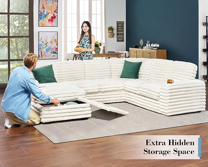 PaPaJet U Shaped Couch 112 Inch Oversized Couch with Storage Sectional Sofa with Cup Holders &amp 2 USB Ports Faux Fur White Sofa