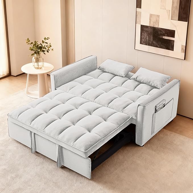 53'' Convertible Sleeper Sofa Bed Modern Velvet Fabric Adjustable Backrest Side Pocket and 2 Pillows 3-in-1 Pull Out Loveseat Couch for Living Room Bedroom Small Spaces Beige