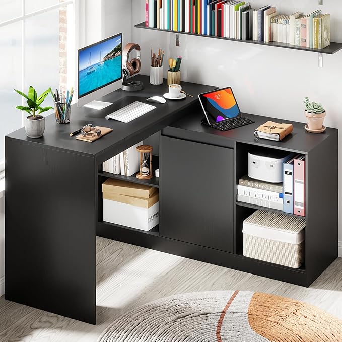 Giantex 48 Reversible L-Shaped Computer Desk Modern Corner Computer Workstation with 2 Doors &amp 4 Open Storage Cubes Large Executive Desk for Home Office White/Black (Black)