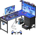 MOTPK 43” L Shaped Gaming Desk for Small Rooms Compact Corner Computer Table with Shelf &amp Hutch 4 Drawers Reversible Study Desk with LED Light Power Outlets &amp USB Ports Black Carbon Fiber