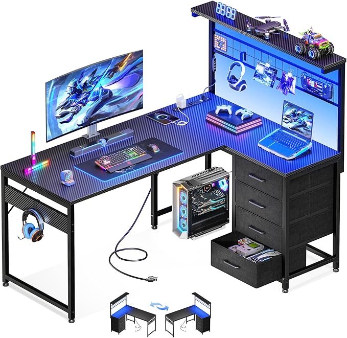 MOTPK 43” L Shaped Gaming Desk for Small Rooms Compact Corner Computer Table with Shelf &amp Hutch 4 Drawers Reversible Study Desk with LED Light Power Outlets &amp USB Ports Black Carbon Fiber