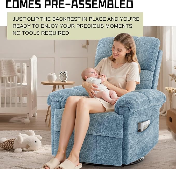 Recliner Chair Swivel Rocker Recliner Chair for Adults Small Recliners for Small Spaces Manual Recliner Chair with Side Pockets Nursery Rocking Chair for Living Room Chenille Airy Blue