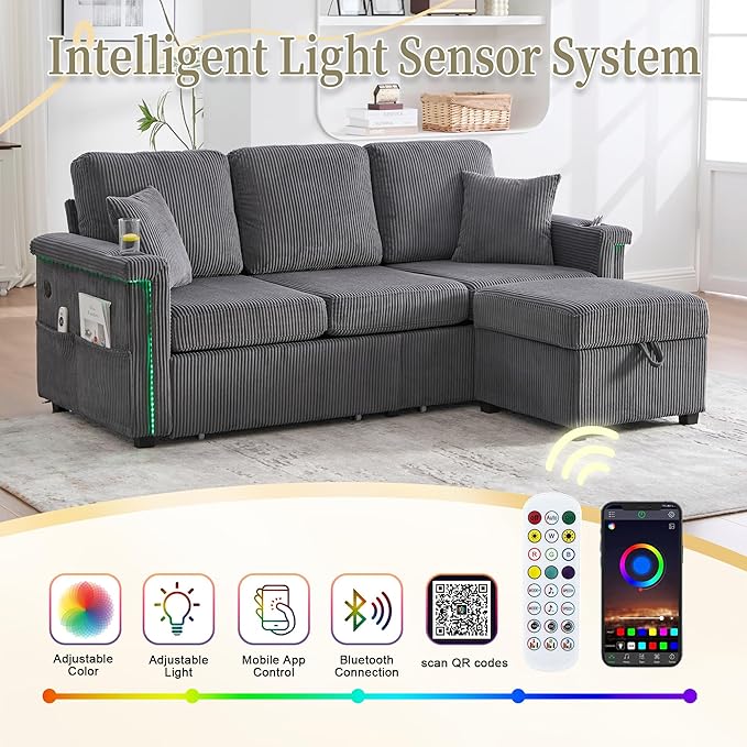 76.8 L-Shaped Sleeper Sofa with Storage Ottoman USB Ports Cup Holders&ampLED Lights Side Pockets Comfy Corduroy Modern 3-Seater Small Couch Bed for Living Room with 2 Throw Pillows (Dark Grey)