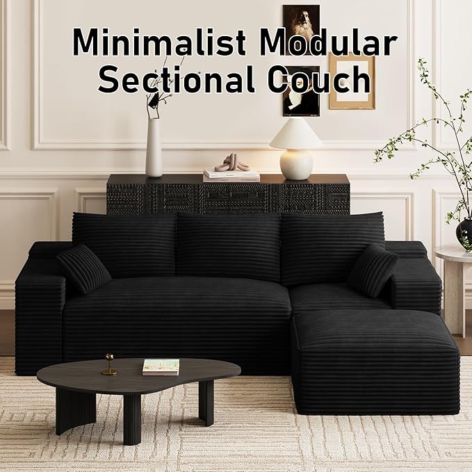 108 Sectional Couches for Living Room Comfy L Shaped Boneless Couches Modern Deep Seat Modular Sofa Cloud Corduroy Couch with Movable Ottoman No Assembly Needed Black