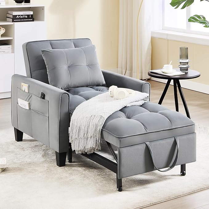 Convertible Sleeper Chair 3 in 1 Sleeper Chair Bed Velvet Pull Out Sofa Bed Chairs Single Sofa Beds with Adjustable Backrest for Adults Reading Living Room Bedroom Dark Grey