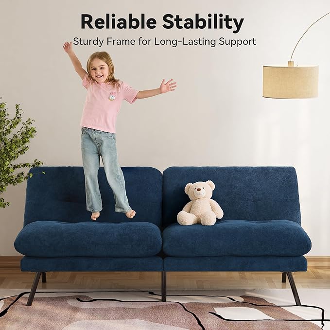 71 Convertible Futon Sofa Bed Blue Futon Couch with Adjustable Backrest Folding Small Recliner Sleeper Sofa Bed for Living Room Apartment Office
