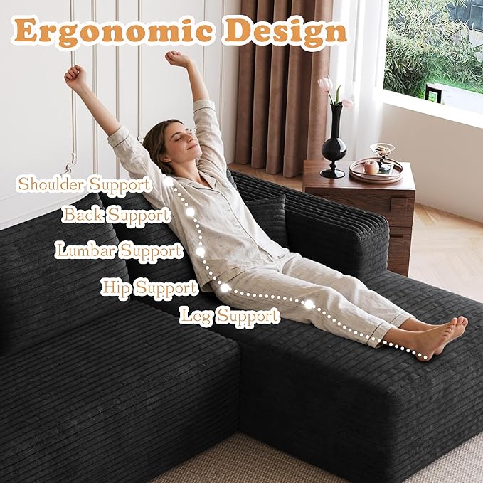 94 Corduroy Upholstered Boneless Couches with Chaise/2 Ottoman Oversized Modular Sectional Sofa with Deep Seat Cloud Sectional Fluffy Couches for Living Room No Assembly Required (Black) | Removab