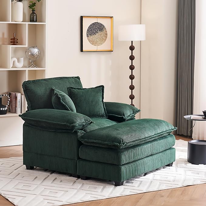 46.9 W Oversized Chair with Ottoman Corduroy Upholstered Chaise Lounge Chair Indoor Reading Chairs Sofa Couche Oversized Comfy Chairs for Living Room Bedroom (Corduroy Green)