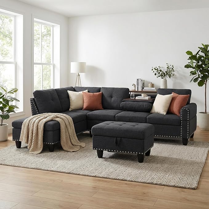 3-Piece L-Shaped Modular Sofa – Convertible Sectional Couch with Movable Chaise &amp Storage Ottoman Multi-Scene Use for Living Room Apartment &amp Office Black Grey