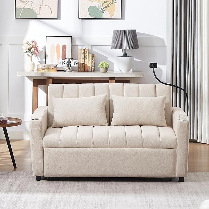 Pull Out Sofa Bed 55.9 Convertible Sofa Bed with 360°Swivel Phone Holderm Two Side Pockets Two Cup Holders 3 Level Adjustable Backrest Bella Fabric Loveseat Sofa (Beige * Loveseat90)