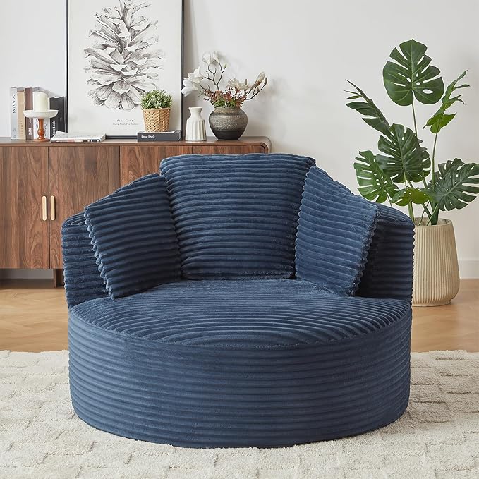 Oversized Round Chair 48W Corduroy Comfy Circle Armchair with Deep Seat &amp 3 Pillows Upholstered Floor Boneless Chair Fluffy Modern Cozy Sofa Chairs for Living Room Bedroom Apartment(Blue)