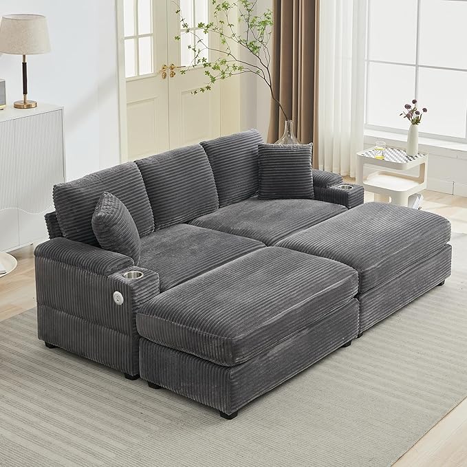 86.6 Sectional Sofa Couch with 2 Ottomans Comfy Corduroy Upholstered Cloud Modular Convertible Couch with Cup Holders and USB Armrest Storage Deep Seat Oversized Loveseat for Living Room Grey