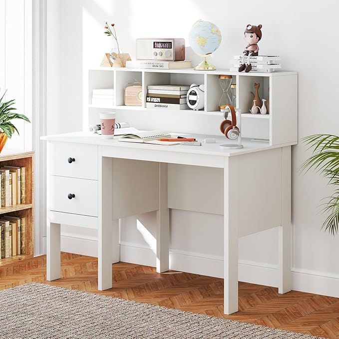 Tangkula White Desk with Drawers &amp Hutch Modern Home Office Desk Writing Study Desk with Charging Station Laptop Desk with 5 Storage Compartments Computer Workstation Makeup Vanity Desk