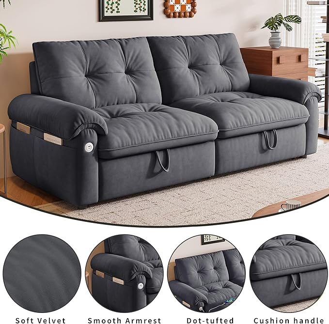 77 Queen Size Sofa Bed Loveseat Sleeper Sofa with Pull Out Bed Pockets and USB Velvet Fabric 2 Seater Convertible Small Couch for Living Room Bedroom Apartment Grey