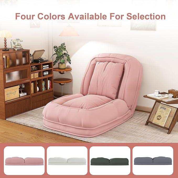 Foldable Lazy Sofa Bed Floor Chair Upholstered Human Dog Bed with 5 Adjustable Position Comfy Tatami Lounge Chair with 2 Pillows Lazy Sofa for Bedroom Living Room Reading (Pink)