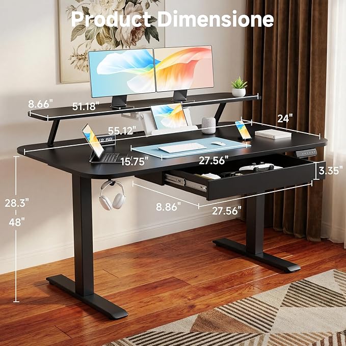 GTPLAYER Electric Standing Desk with Drawers 55 x 24 Inches Height Adjustable Computer Desk with Monitor Stand Laptop Stand Home Office Sit Stand Up Desk with Memory Preset Black