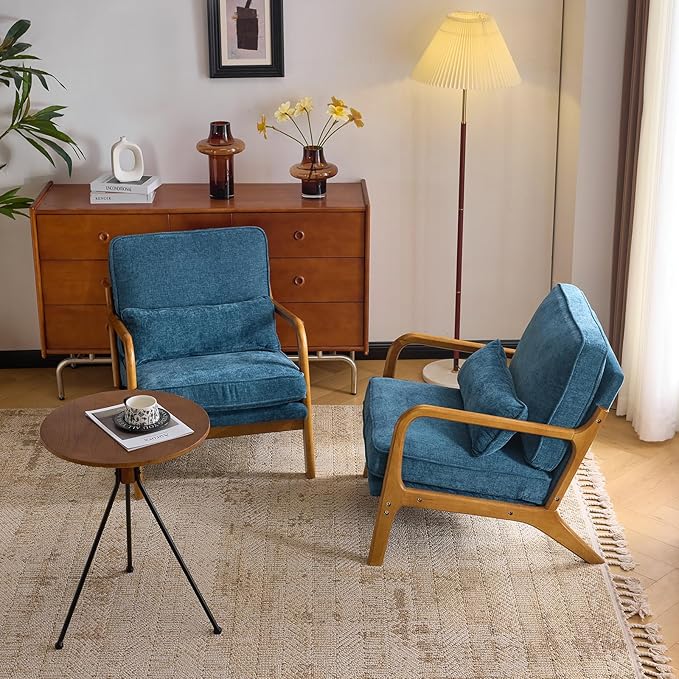 VINGLI Chenille Mid-Century Modern Accent Chair Set of 2 Cute Reading Arm Chair with Cushion &amp Lumbar Pillow &amp Solid Wood Frame for Lounge Living Room Reading Room Bedroom Blue