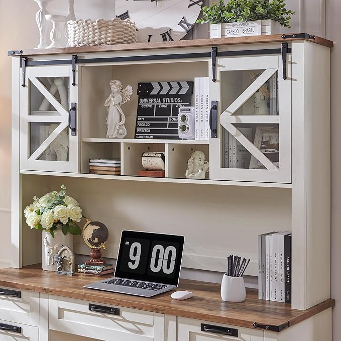 RedLemon 42 Farmhouse Desk Hutch with Sliding Barn Door and Ample Storage/Display Space Only Match Farmhouse Desk (Antique White)