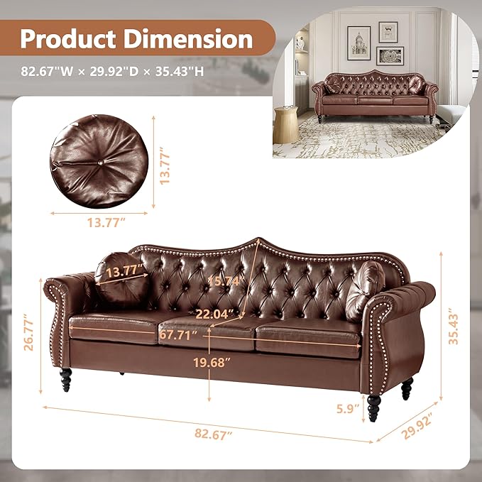 Chesterfield Three Seater Sofa Mid-Century Modern Faux Leather 3-Seater Upholstered Couch Tufted Living Room Sofa with 2 Pillows and Button Nailhead Brown