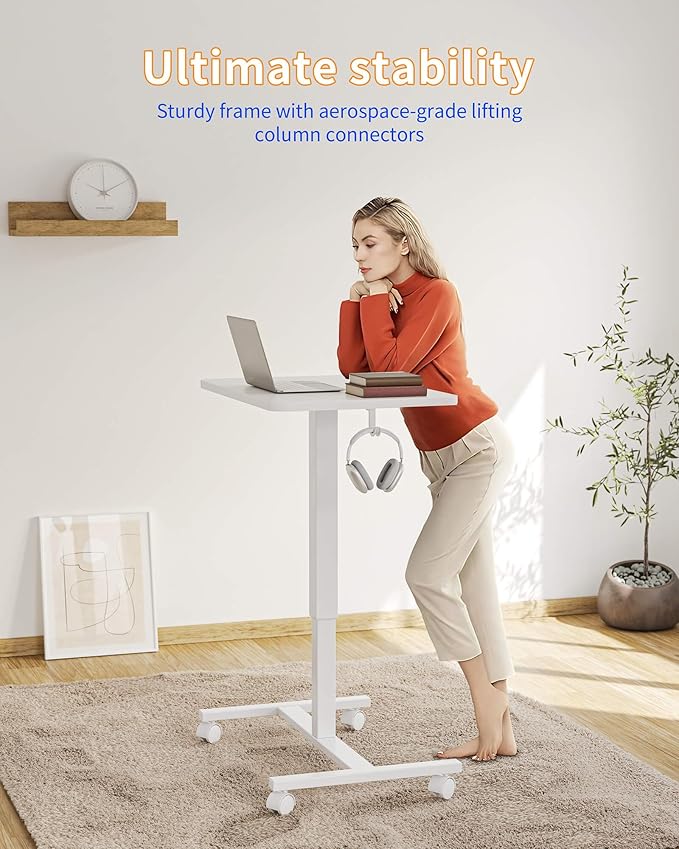 YIHAYO Mobile Small Standing Desk 24 x 16 Inches Adjustable Height Portable Rolling Laptop Desk with Lockable Wheels Computer Workstation for Home Office with Hook White