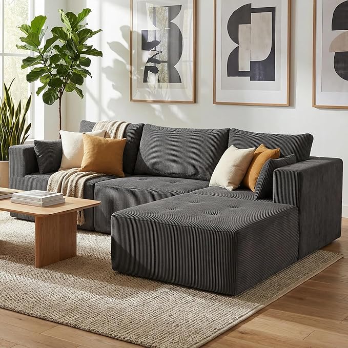 Boneless Cloud Couch with Movable Chaise Ottoman Moudular Sleeper Couch Dual-Core Support Spring &amp High-Resilience Foam 105 Corduroy Couch for Living Room No Assembly Gray