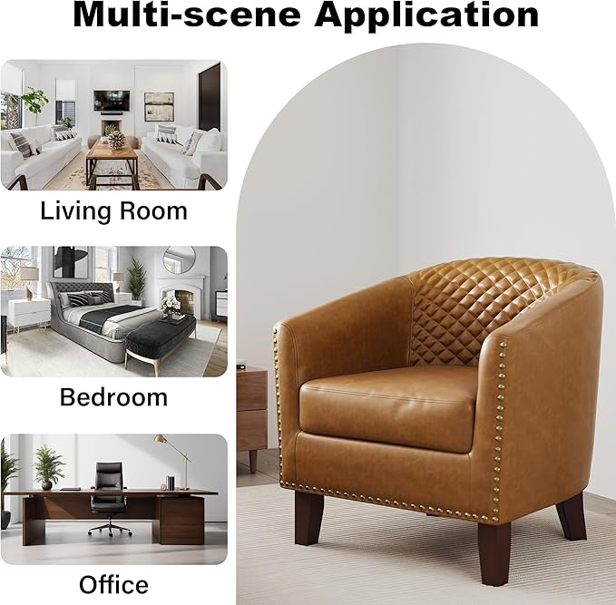 Accent Barrel Chair Upholstered Faux Leather Club Chair with Nailed Trim Comfy Reading Armchair for Living Room Bedroom Reception Room Office (Coffee Set of 4)