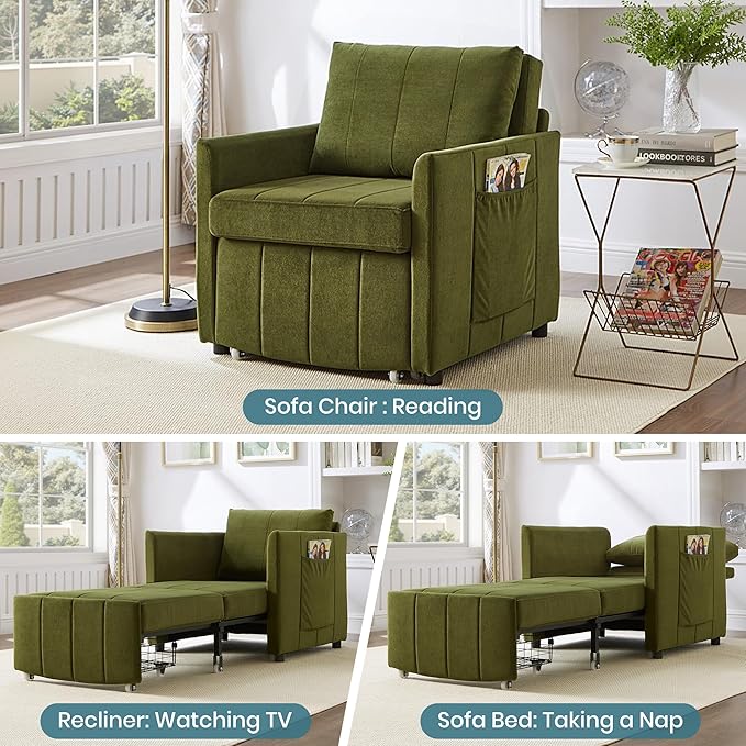 Merax Convertible Chair Bed 3-in-1 Pull Out Sleeper Couch with Adjustable Backrest Side Pockets and a Storage Basket Chenille Folding Sofa Bed for Living Room Apartment Green