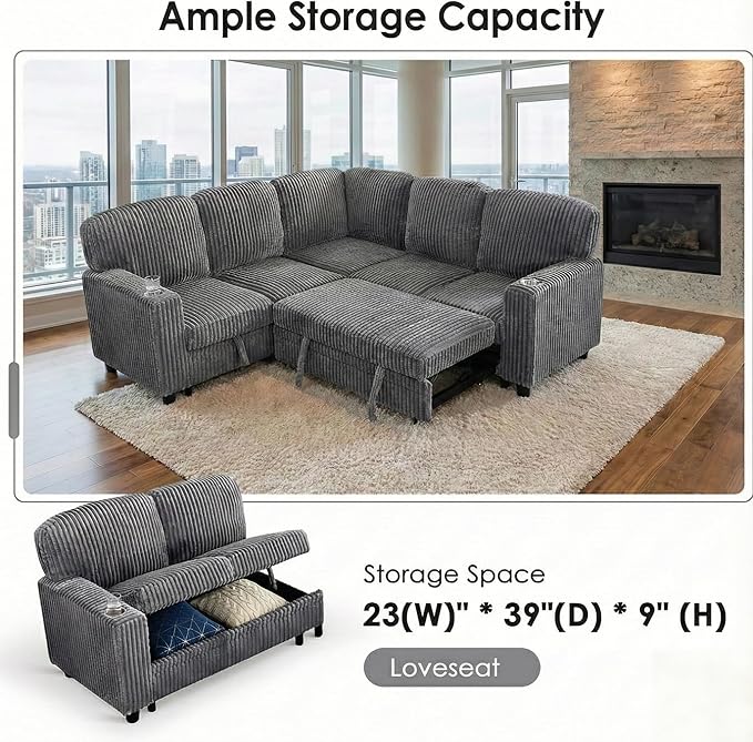 81 Modular Sectional Sleeper Sofa with Pull Out Bed L Shaped Couch with Storage Seat Convertible Sectional Couches for Living Room Corduroy Grey