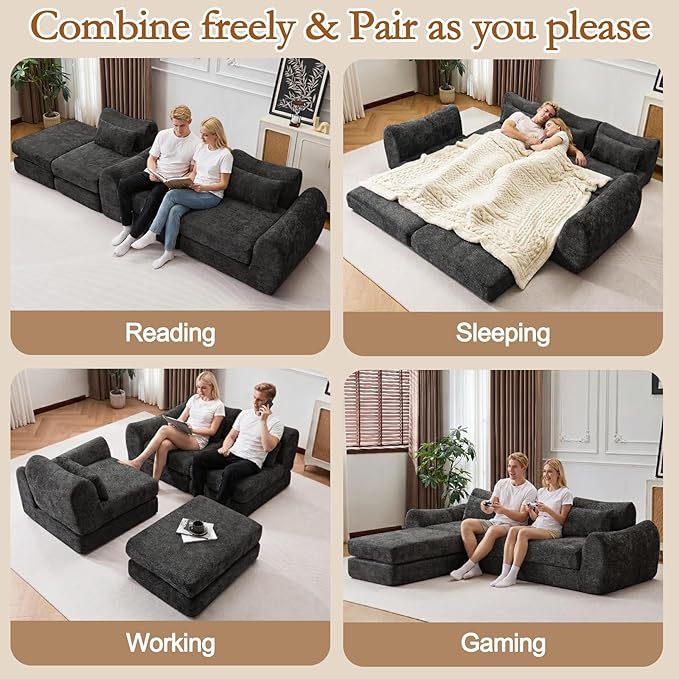 105” Modular Sectional Sofa Convertible Sofa BedTransforms into Single or Double Sofa Chenille Fabric Cloud SofaModern Soft Boneless Comfort No Assembly Required Black