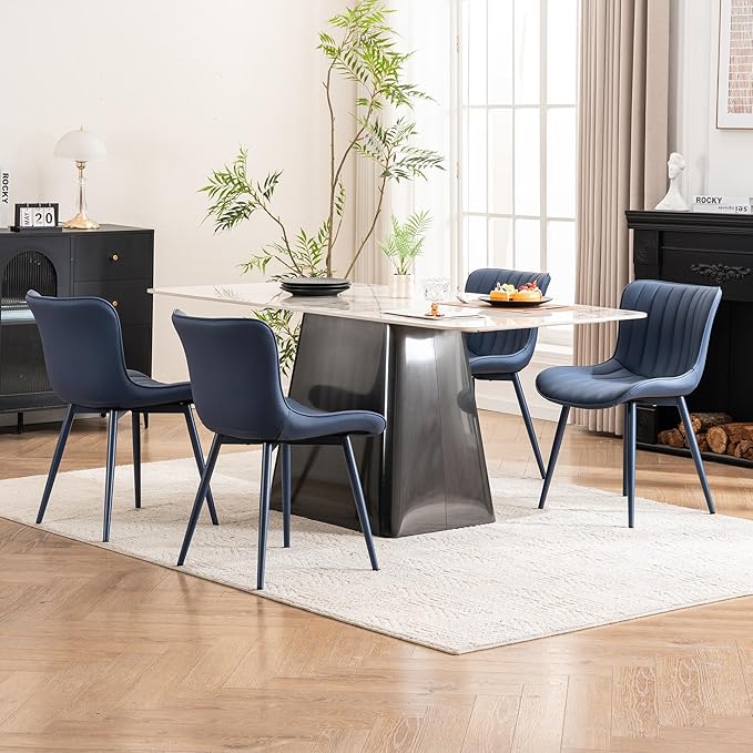 YOUNUOKE Mid-Century Modern Dining Chairs Set of 2 Navy Blue PU Leather Upholstered Kitchen Chairs with Navy Blue Metal Legs Armless Accent Chair for Dining Room Guest Reception Room