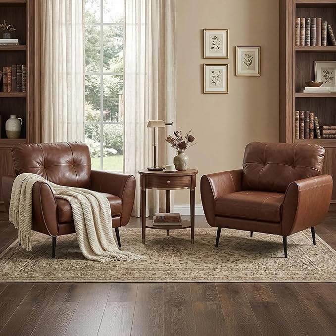 TYBOATLE Accent Chairs Set of 2 Comfy Modern Living Room Brown Leather Reading Accent Chairs Tufted Mid Century Arm Chair Small Salon Chair for Office Bedroom (2 Brown)
