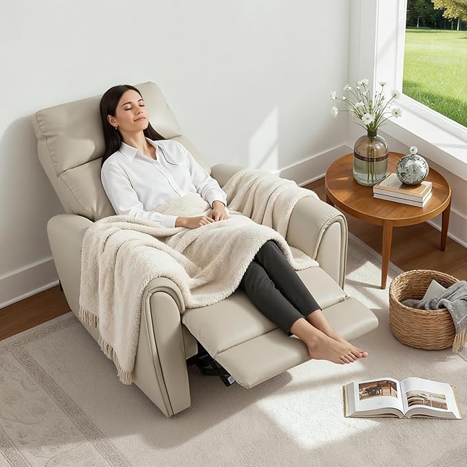 MCombo Power Small Recliners for Small Spaces Living Room RVs Modern Style Zero Wall Hugger Recliners Chair with Lumbar Support USB&ampCharging Ports FSC Certified Faux Leather PR699 (Beige)