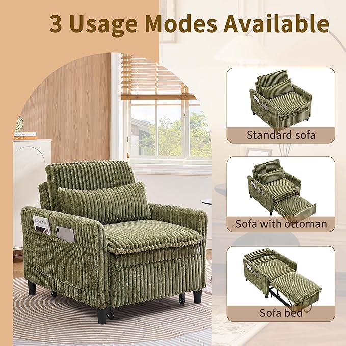 Modern Corduroy Fabric Sofa Bed Futon3 in 1 Convertible Pullout Bed Sleeper Couches with 3 Reclining BackrestsSmall Sofa Chair Bed for Living Room Bedroom (Green)