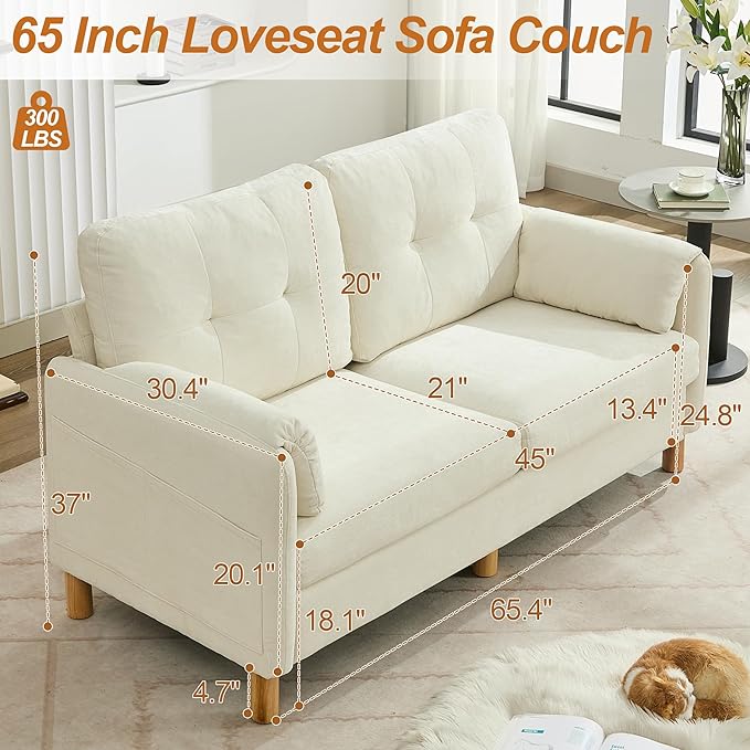 65 Chenille Loveseat Sofa Modern 2-Seater Love Seat Couch with Armrest Pillows Storage Pockets Easy Assembly Upholstered Tufted Loveseat Sofa Couches for Living Room Bedroom Beige