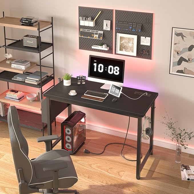 Lufeiya 39 inch Computer Desk with Power Outlet 40 inch Teen Study Table Home Office Work Writing Desks with Charging Station Outlets Built in Black