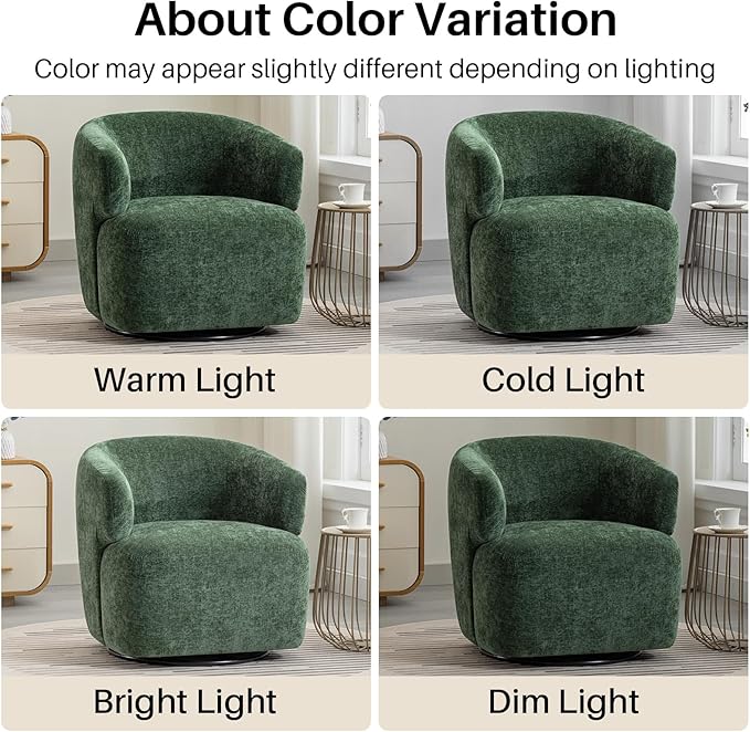 Swivel Accent Chair Chenille Barrel Chair for Living Room Cozy Round Boucle Arm Chair Metal Base for Club Nursery Bedroom Green