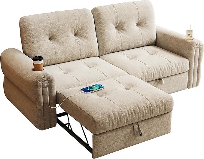80.4 Convertible Sofa Bed with Cup Holders and Adjustable Backres Chenille Loveseat Sleeper Sofa with Pull Out Bed and USB Charging 3 in 1 Multi-Functional Couches (Beige 80.4-inch)