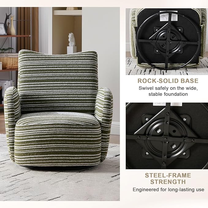 360° Swivel Accent Chair with Armrest Modern Striped Upholstered Lounge Chair Stable Round Base &amp Sturdy Metal Frame Armchair for Bedroom Living Room Office &amp Vanity (Olive Green)