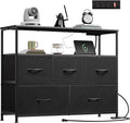 WLIVE Black Dresser for Bedroom with 5 DrawersFabric Dresser TV Stand with Charging Station Chest of Drawer with Open Shelves for 45 inch TV Storage Dresser for Living Room Closet Entryway