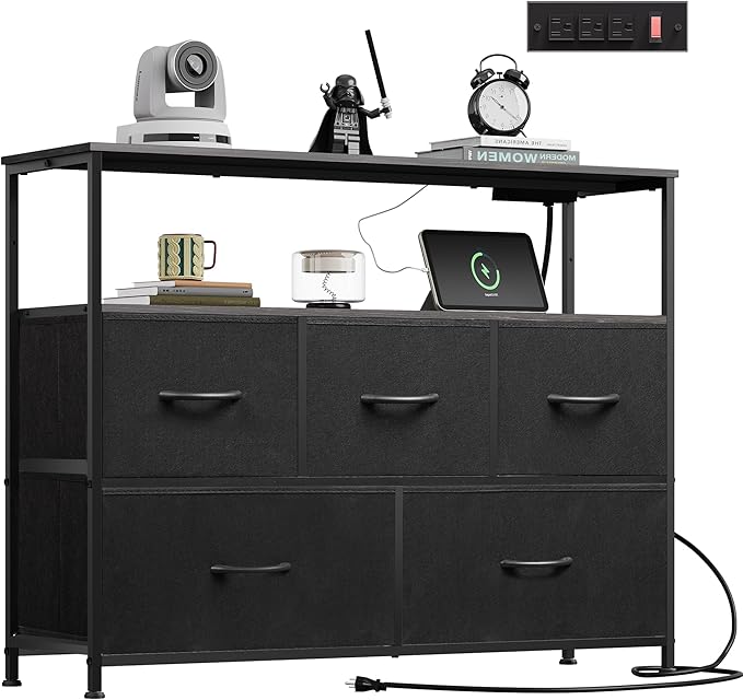 WLIVE Black Dresser for Bedroom with 5 DrawersFabric Dresser TV Stand with Charging Station Chest of Drawer with Open Shelves for 45 inch TV Storage Dresser for Living Room Closet Entryway