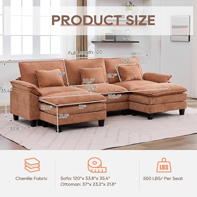 IPKIG 117 Modular Sectional Sofa Chenille U-Shaped Sectional Couch Comfy Upholstered 3 Seat Sofa with 2 Ottoman Deep Seat Cloud Couch Sofa for Living Room Orange | 2 Layer Cushion Cloud Couch Mo