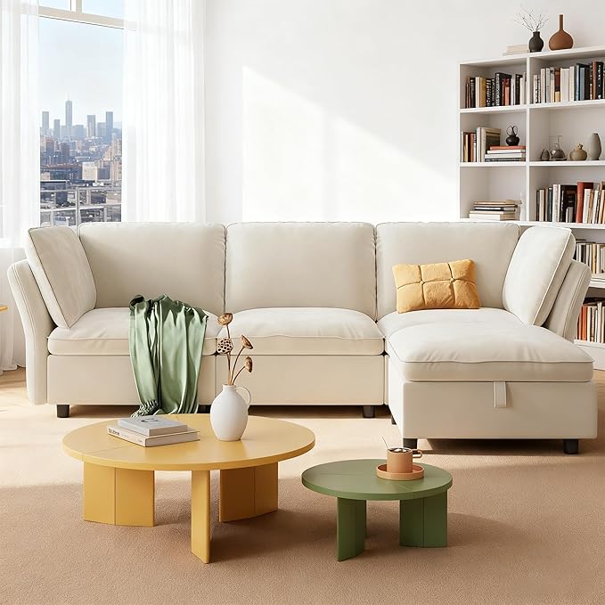 IDEALHOUSE 97 Modular Sectional Sofa L-Shaped Modular Couch with Storage 4-Seater Comfy Cloud Couch with Movable Ottoman Deep Seat Modern Sectional Couches for Living Room Bedroom Beige